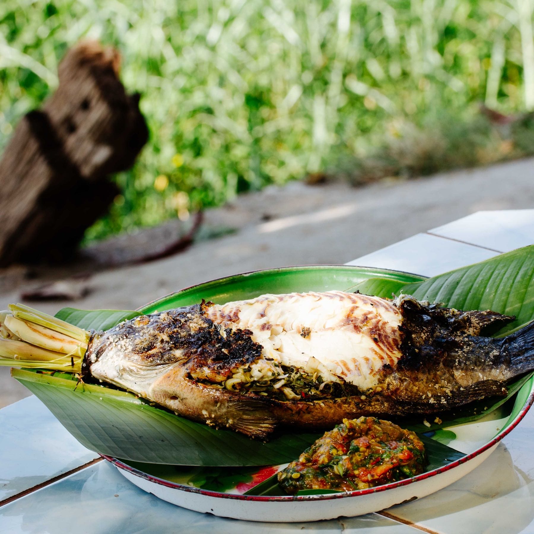 Gegrillter Mekongfisch in Salzkruste mit Kräutern gefüllt